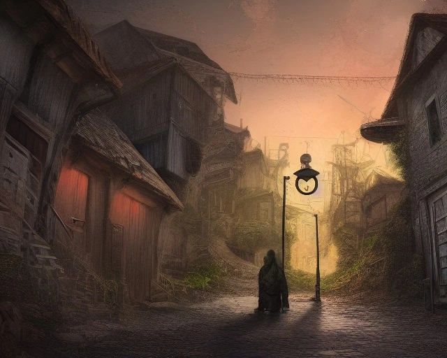 14162-2344-4k digital art, a dark and rotten fishing village, round portal to another dimension  at the end of an alley.webp